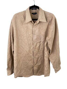 Alfani Beige Long Sleeve Button-Up Shirt Patterned Mens L Polyester Suede Like